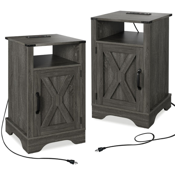 English Elm Farmhouse Rustic Nightstand Set of 2 with Built-in Charging Station and Open Display Shelf Dark Grey B082134937