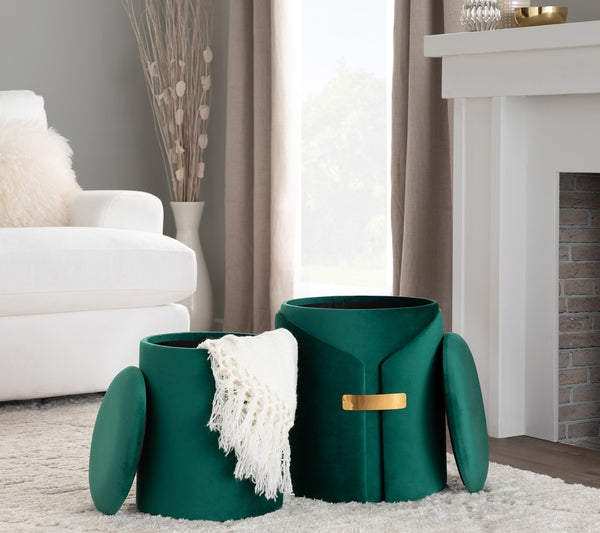 English Elm Dahlia Velvet Nesting Ottoman Set with Gold Accent — Glam Contemporary Duo, Removable Lid, Stylish Upholstery Green B116135786