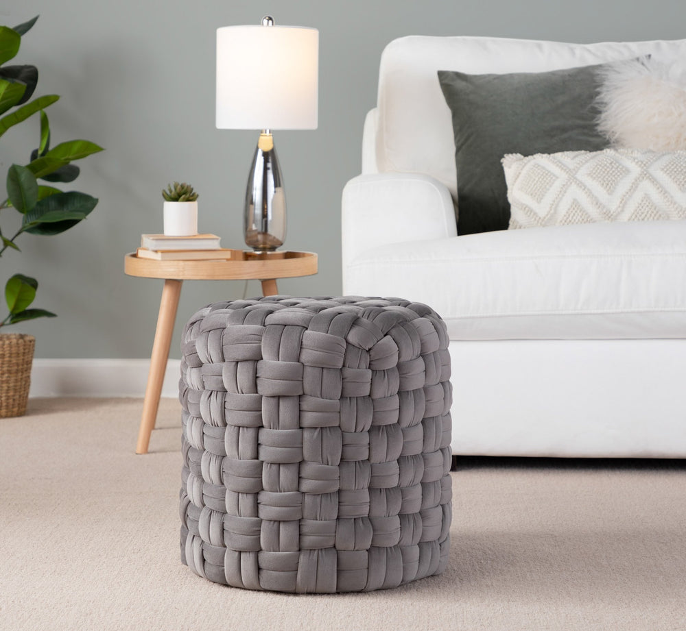 English Elm Braided Round Ottoman In Dark Grey Velvet - Modern Elegance, Multi-Purpose Comfort For Any Room B116135816