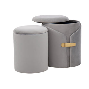 English Elm Dahlia Velvet Nesting Ottoman Set with Gold Accent — Glam Contemporary Duo, Removable Lid, Stylish Upholstery Silver B116135788