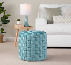 English Elm Braided Ice Blue Velvet Round Ottoman - Modern Design, Plush Comfort, Versatile Accent Piece 18" B116135817