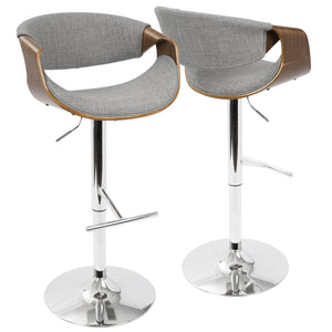 English Elm Curvo Mid-Century Barstools Set of 2 — Adjustable Swivel Stools in Walnut Frame & Light Grey Fabric, Chrome Base B116S00025