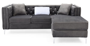 English Elm Paige Velvet Sofa Chaise Gray with Faux Jewel Tufting, Chrome Legs, KD Design for Small Spaces B078S00469