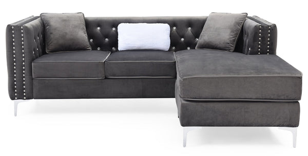 English Elm Paige Velvet Sofa Chaise Gray with Faux Jewel Tufting, Chrome Legs, KD Design for Small Spaces B078S00469