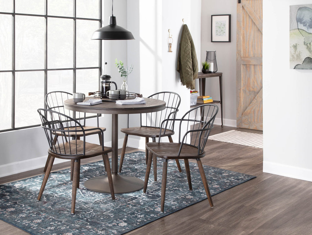 English Elm Riley Farmhouse Dining Chairs with Arms - Set of 2 Dark Walnut Wood Seats, Black Metal Spindle Backs B116S00182