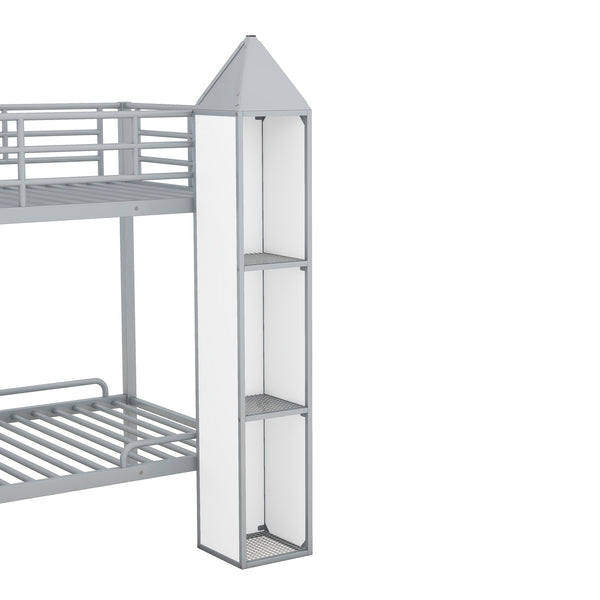 English Elm Metal Castle Twin over Twin Bunk Bed with Staircase Storage, Built-in Wardrobe and Sturdy Frame White+gray GX000630AAE
