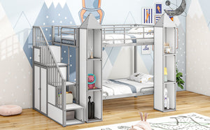 English Elm Metal Castle Twin over Twin Bunk Bed with Staircase Storage, Built-in Wardrobe and Sturdy Frame White+gray GX000630AAE