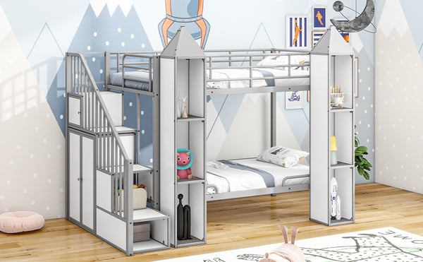 English Elm Metal Castle Twin over Twin Bunk Bed with Staircase Storage, Built-in Wardrobe and Sturdy Frame White+gray GX000630AAE
