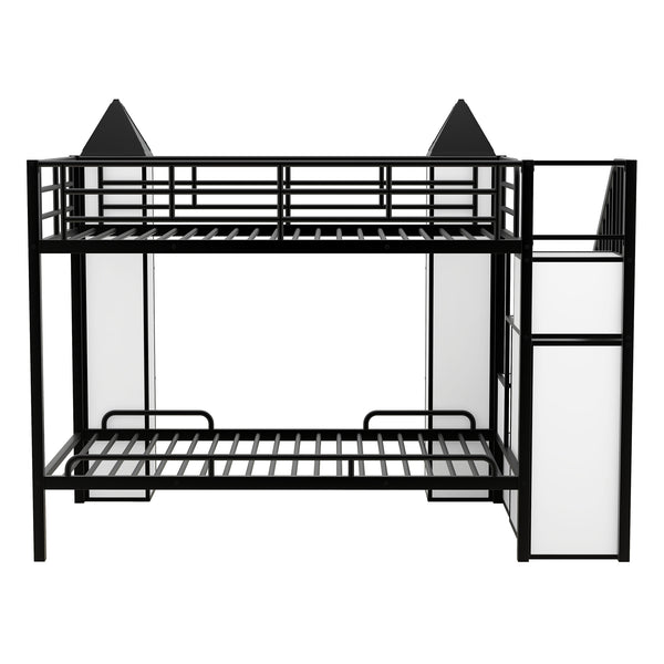 English Elm Metal Castle Twin over Twin Bunk Bed with Staircase Storage, Built-in Wardrobe and Sturdy Frame White+Black GX000630AAB