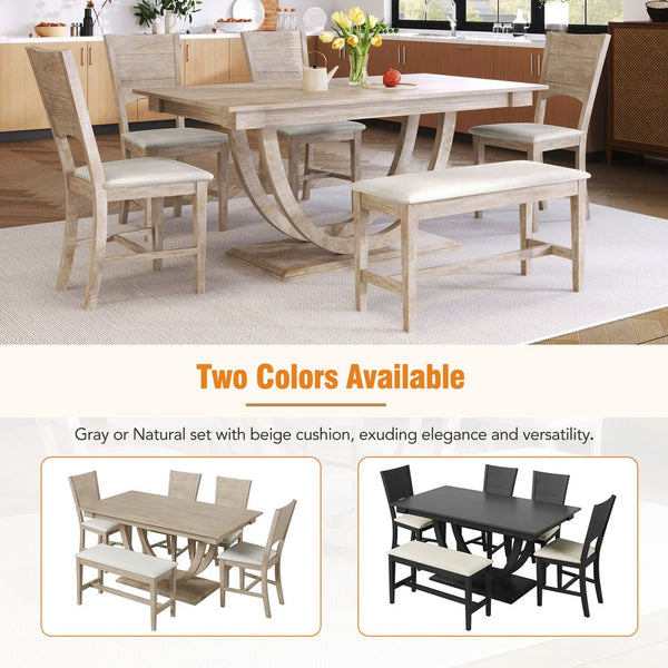 English Elm TOPMAX 6-Piece Solid Wood Dining Set with Half-Round Legs, Upholstered Bench & 4 Padded Chairs Natural Wood SP000029AAA