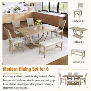 English Elm Topmax Six Piece Rubberwood Dining Set with Bench Linen Seats Sculptural Modern Style Seadrift N717S000029A