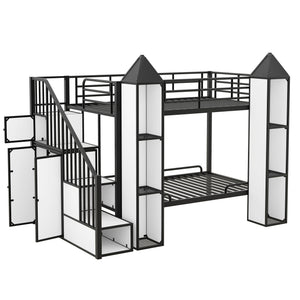 English Elm Metal Castle Twin over Twin Bunk Bed with Staircase Storage, Built-in Wardrobe and Sturdy Frame White+Black GX000630AAB