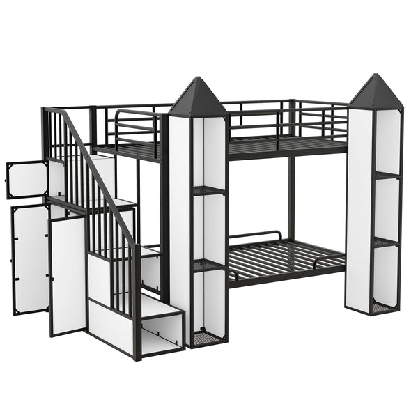 English Elm Metal Castle Twin over Twin Bunk Bed with Staircase Storage, Built-in Wardrobe and Sturdy Frame White+Black GX000630AAB