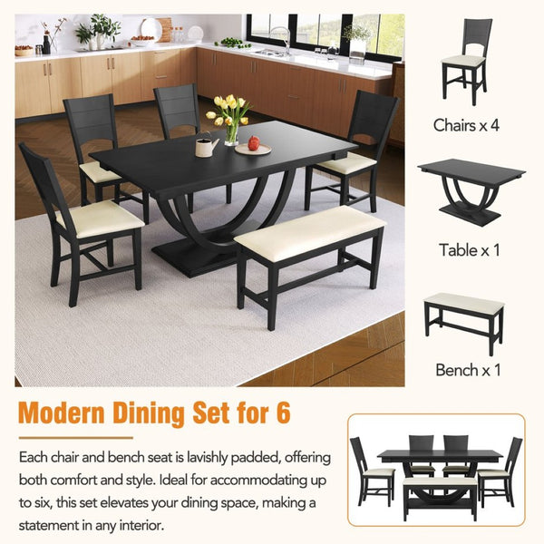 English Elm Topmax Six Piece Rubberwood Dining Set with Bench Linen Seats Sculptural Modern Style Gray N717S000029E