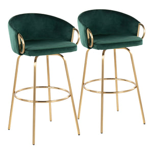 English Elm Claire 30" Green Velvet Bar Stool Set of 2 — Glam Gold Metal Legs, 360° Swivel, Round Footrest, Luxe Seating B116S00013