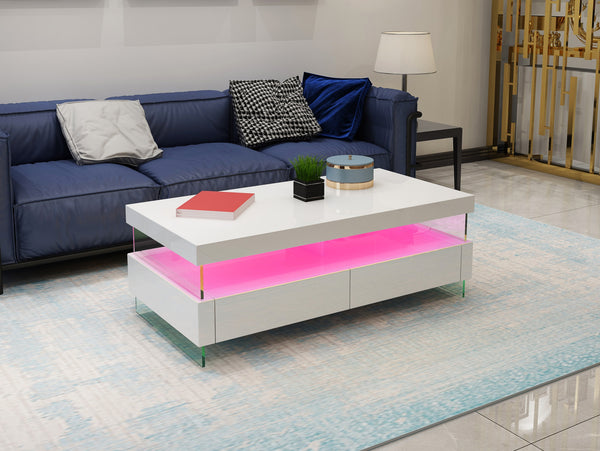 English Elm Ria LED Coffee Table in High Gloss White with Tempered Glass Top, Glass Legs & Dual Drawers B009136657