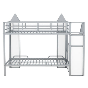 English Elm Metal Castle Twin over Twin Bunk Bed with Staircase Storage, Built-in Wardrobe and Sturdy Frame White+gray GX000630AAE