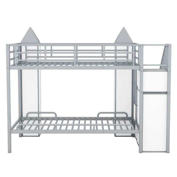 English Elm Metal Castle Twin over Twin Bunk Bed with Staircase Storage, Built-in Wardrobe and Sturdy Frame White+gray GX000630AAE