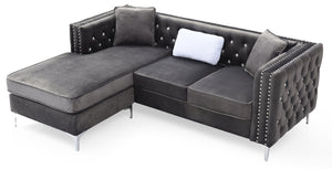 English Elm Paige Velvet Sofa Chaise Gray with Faux Jewel Tufting, Chrome Legs, KD Design for Small Spaces B078S00469