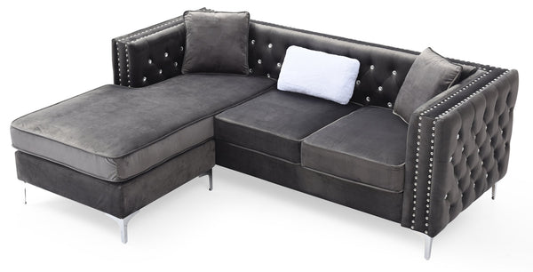 English Elm Paige Velvet Sofa Chaise Gray with Faux Jewel Tufting, Chrome Legs, KD Design for Small Spaces B078S00469