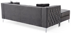 English Elm Paige Velvet Sofa Chaise Gray with Faux Jewel Tufting, Chrome Legs, KD Design for Small Spaces B078S00469