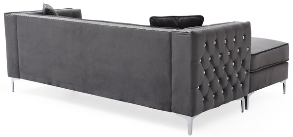 English Elm Paige Velvet Sofa Chaise Gray with Faux Jewel Tufting, Chrome Legs, KD Design for Small Spaces B078S00469