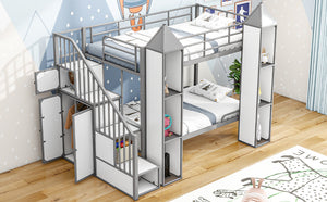 English Elm Metal Castle Twin over Twin Bunk Bed with Staircase Storage, Built-in Wardrobe and Sturdy Frame White+gray GX000630AAE