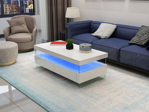 English Elm Ria LED Coffee Table in High Gloss White with Tempered Glass Top, Glass Legs & Dual Drawers B009136657
