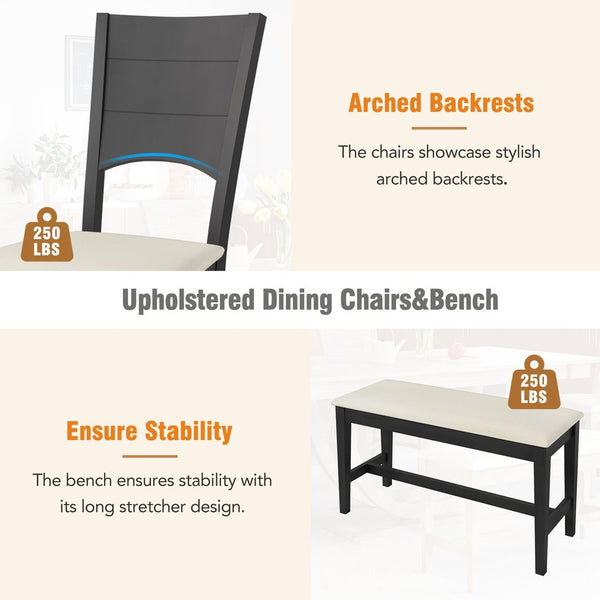English Elm TOPMAX 6-Piece Solid Wood Dining Set with Half-Round Legs, Upholstered Bench & 4 Padded Chairs Gray SP000029AAE