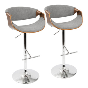 English Elm Curvo Mid-Century Barstools Set of 2 — Adjustable Swivel Stools in Walnut Frame & Light Grey Fabric, Chrome Base B116S00025