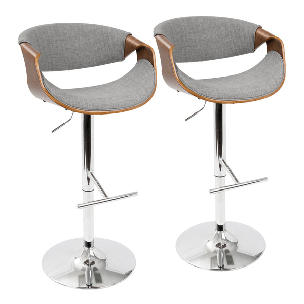 English Elm Curvo Mid-Century Barstools Set of 2 — Adjustable Swivel Stools in Walnut Frame & Light Grey Fabric, Chrome Base B116S00025