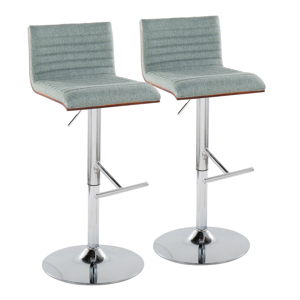 English Elm Mason Contemporary Adjustable Barstool Set of 2 - Green Fabric Swivel, Chrome T-Footrest, Walnut Accents B116S00087