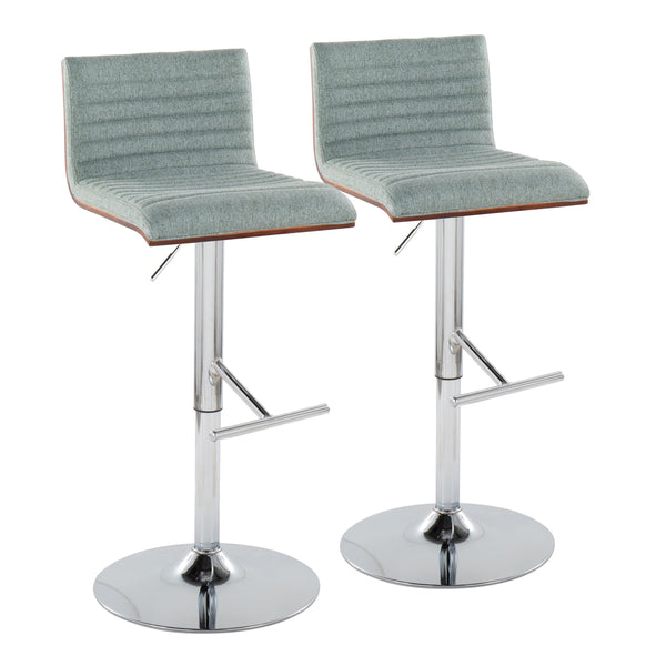 English Elm Mason Contemporary Adjustable Barstool Set of 2 - Green Fabric Swivel, Chrome T-Footrest, Walnut Accents B116S00087
