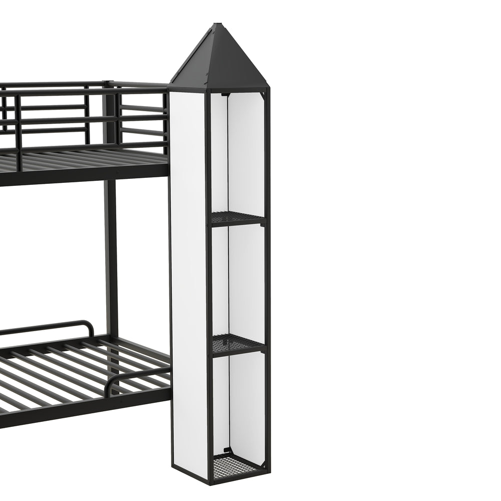English Elm Metal Castle Twin over Twin Bunk Bed with Staircase Storage, Built-in Wardrobe and Sturdy Frame White+Black GX000630AAB