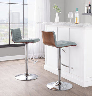 English Elm Mason Contemporary Adjustable Barstool Set of 2 - Green Fabric Swivel, Chrome T-Footrest, Walnut Accents B116S00087