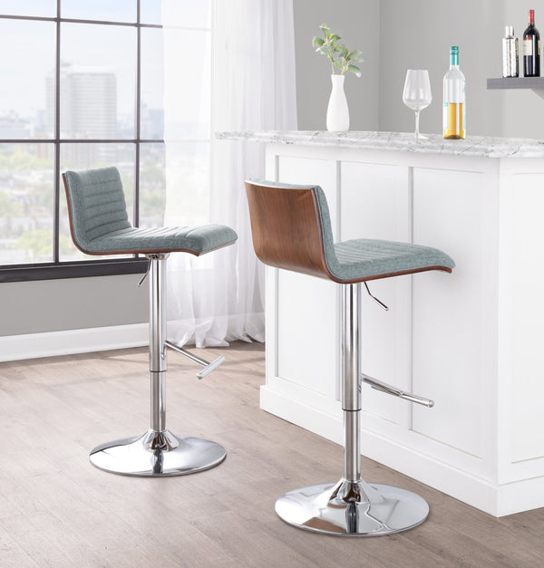 English Elm Mason Contemporary Adjustable Barstool Set of 2 - Green Fabric Swivel, Chrome T-Footrest, Walnut Accents B116S00087