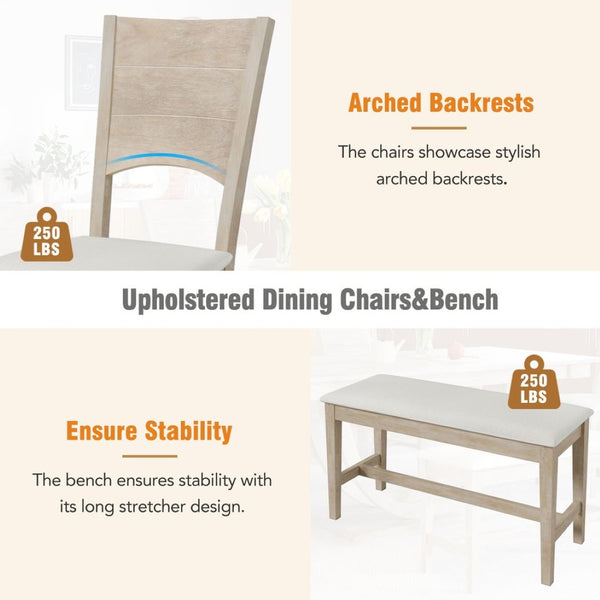 English Elm Topmax Six Piece Rubberwood Dining Set with Bench Linen Seats Sculptural Modern Style Seadrift N717S000029A