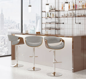 English Elm Curvo Mid-Century Barstools Set of 2 — Adjustable Swivel Stools in Walnut Frame & Light Grey Fabric, Chrome Base B116S00025