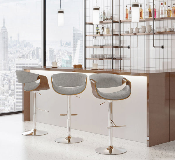 English Elm Curvo Mid-Century Barstools Set of 2 — Adjustable Swivel Stools in Walnut Frame & Light Grey Fabric, Chrome Base B116S00025