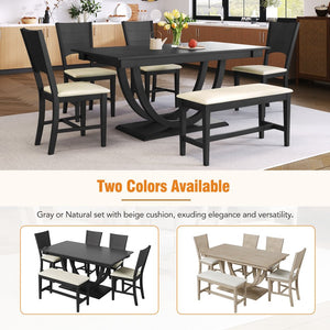 English Elm TOPMAX 6-Piece Solid Wood Dining Set with Half-Round Legs, Upholstered Bench & 4 Padded Chairs Gray SP000029AAE