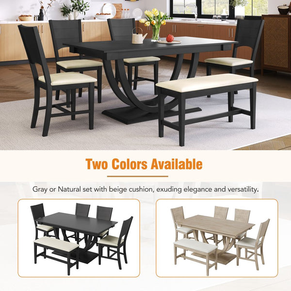 English Elm TOPMAX 6-Piece Solid Wood Dining Set with Half-Round Legs, Upholstered Bench & 4 Padded Chairs Gray SP000029AAE