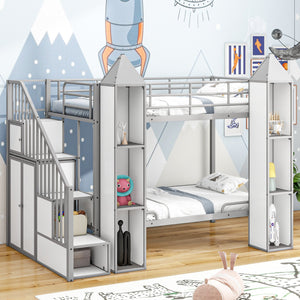 English Elm Metal Castle Twin over Twin Bunk Bed with Staircase Storage, Built-in Wardrobe and Sturdy Frame White+gray GX000630AAE
