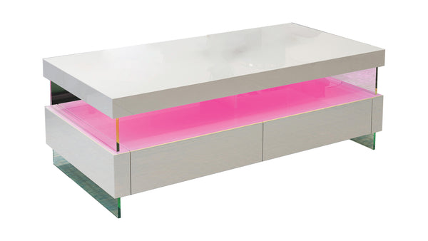 English Elm Ria LED Coffee Table in High Gloss White with Tempered Glass Top, Glass Legs & Dual Drawers B009136657