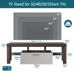 English Elm 20 Modern Brown TV Stand with Toughened Glass Shelf, LED Color Lights, Brand Hardware, Adjustable Feet W67943610