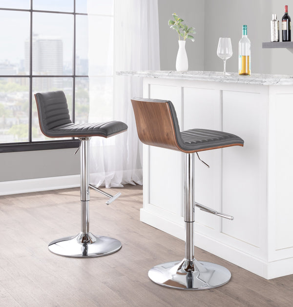 English Elm Mason Adjustable Barstool Set Of 2 - Contemporary Chrome & Walnut, Grey Faux Leather, 360° Swivel B116S00079