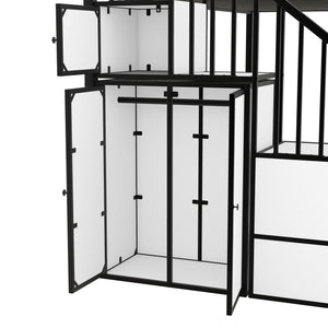 English Elm Metal Castle Twin over Twin Bunk Bed with Staircase Storage, Built-in Wardrobe and Sturdy Frame White+Black GX000630AAB