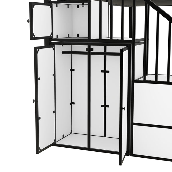 English Elm Metal Castle Twin over Twin Bunk Bed with Staircase Storage, Built-in Wardrobe and Sturdy Frame White+Black GX000630AAB