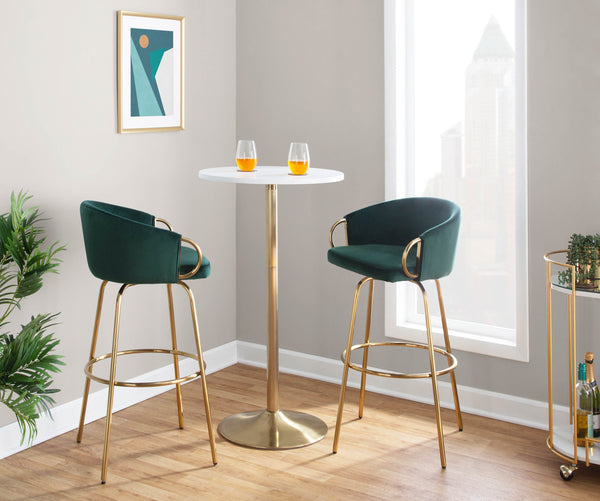 English Elm Claire 30" Green Velvet Bar Stool Set of 2 — Glam Gold Metal Legs, 360° Swivel, Round Footrest, Luxe Seating B116S00013