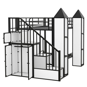 English Elm Metal Castle Twin over Twin Bunk Bed with Staircase Storage, Built-in Wardrobe and Sturdy Frame White+Black GX000630AAB