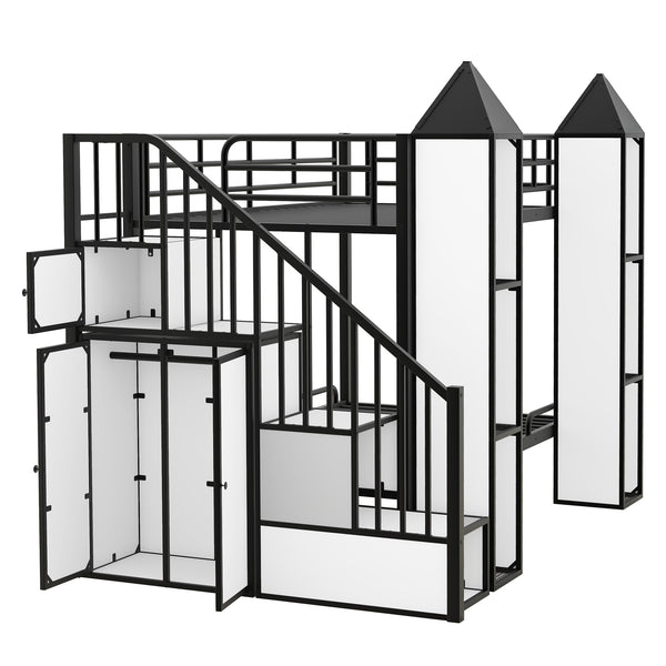 English Elm Metal Castle Twin over Twin Bunk Bed with Staircase Storage, Built-in Wardrobe and Sturdy Frame White+Black GX000630AAB